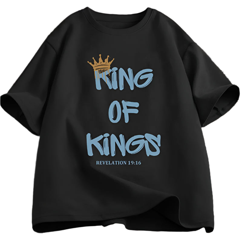 Black t-shirt with 'King of Kings' text and crown graphic on a white background