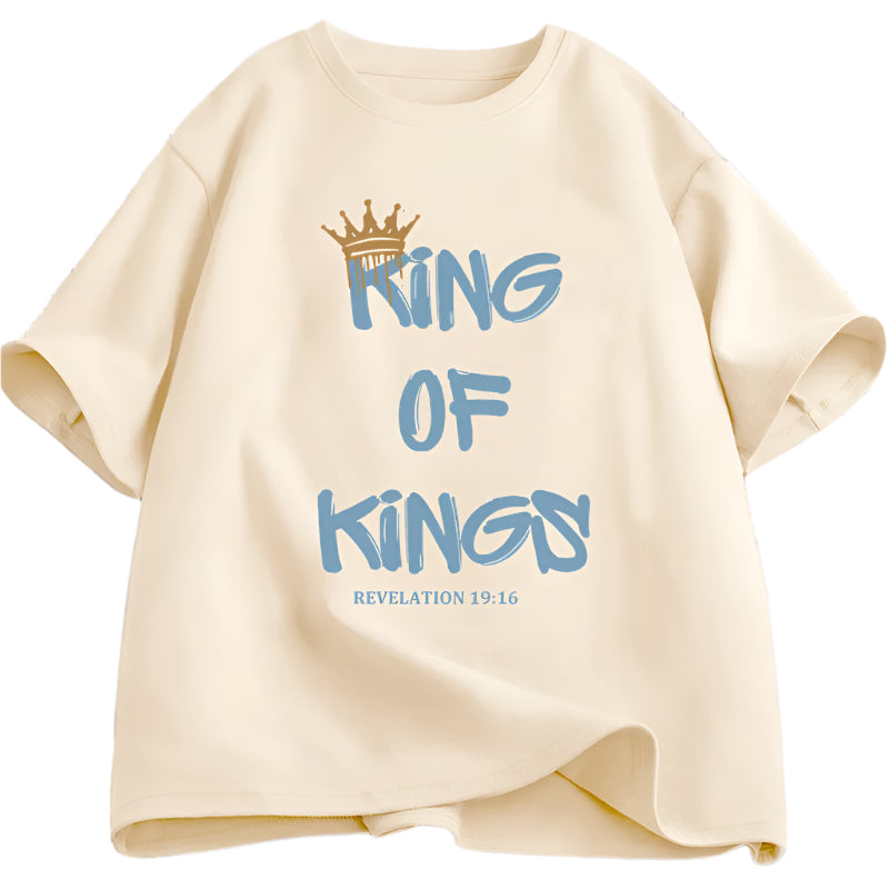 Beige t-shirt with 'King of Kings' text and crown graphic on a grid background