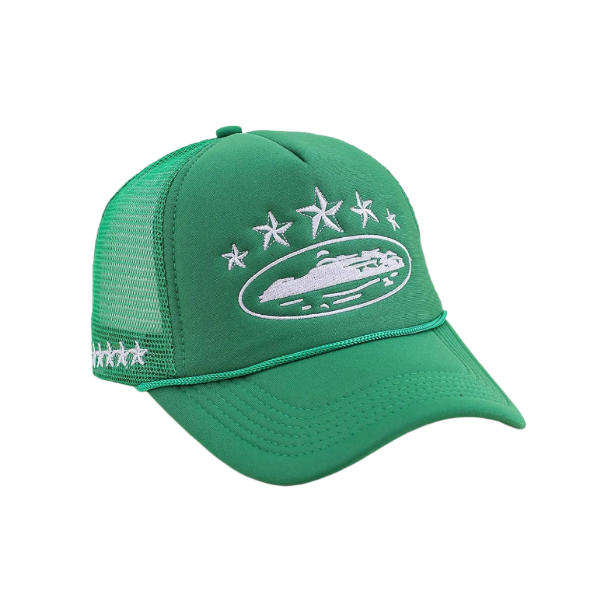 Green cap with white embroidered design on a beige background