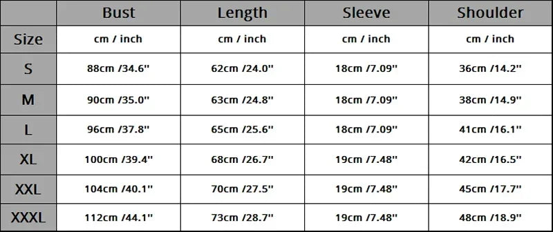 Table displaying garment measurements in centimeters and inches for various sizes.