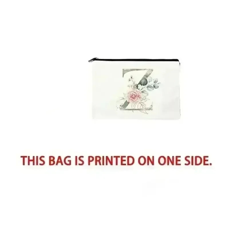 White pouch with floral design on a white background, labeled 'Front'.