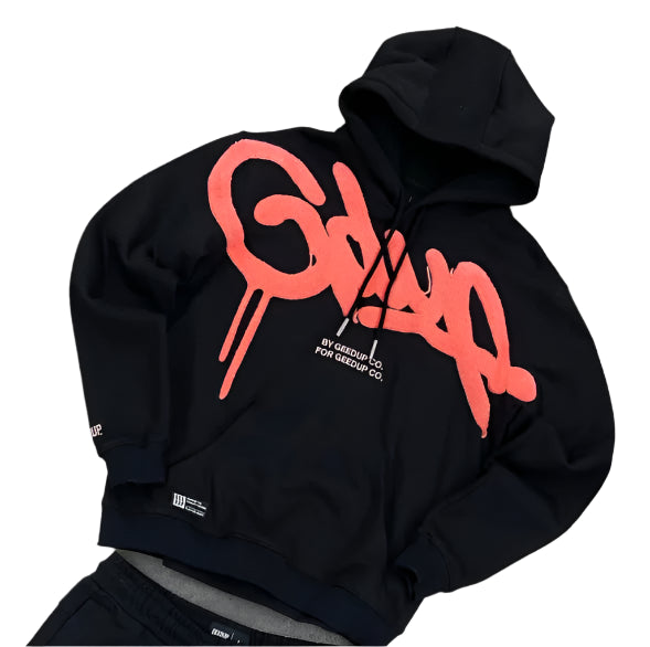 Black hoodie with red text on a gray background