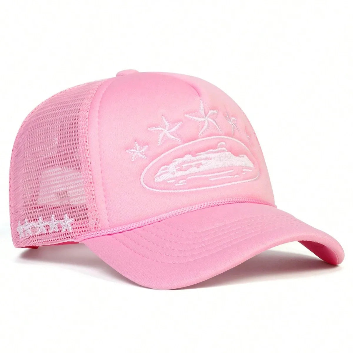 Pink cap with white embroidered design on a white background