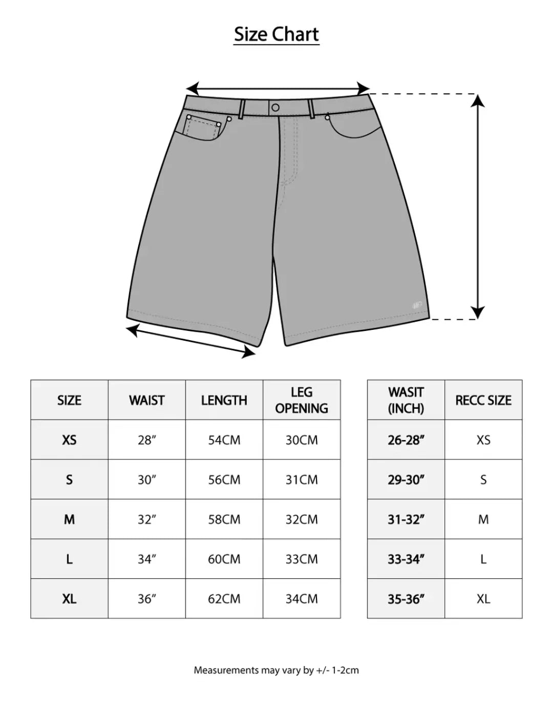 Size chart for shorts with measurements and a diagram of the product.