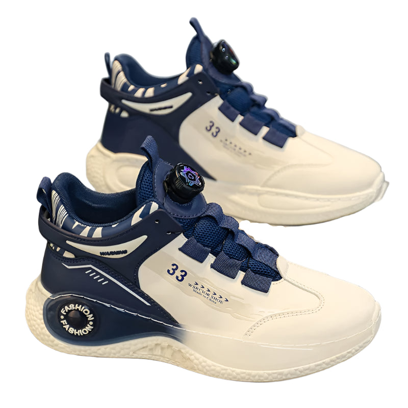 White and blue sneakers with '33' branding on a gray background