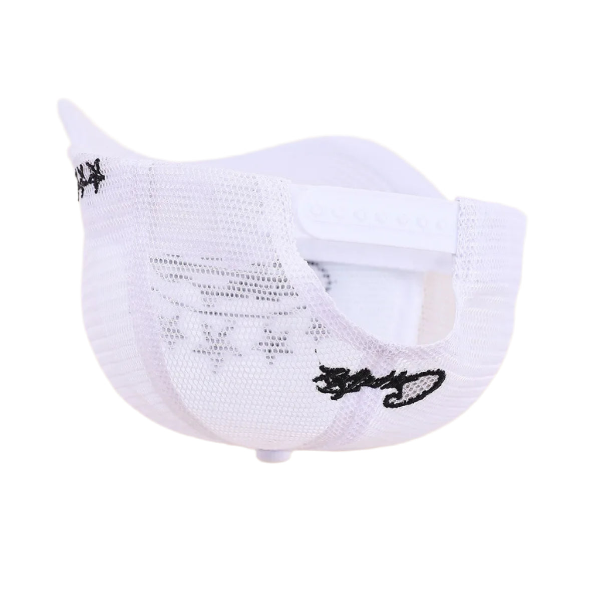 White face mask with black text on a beige background