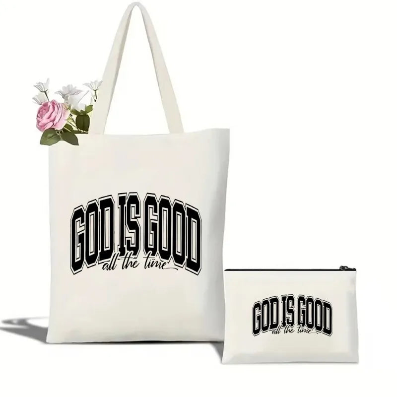 Tote bag and pouch with 'God is Good all the time' text on a white background