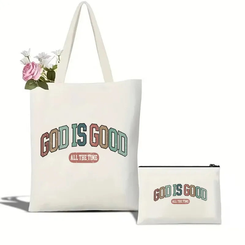 Tote bag and pouch with 'God is Good All the Time' text on a white background