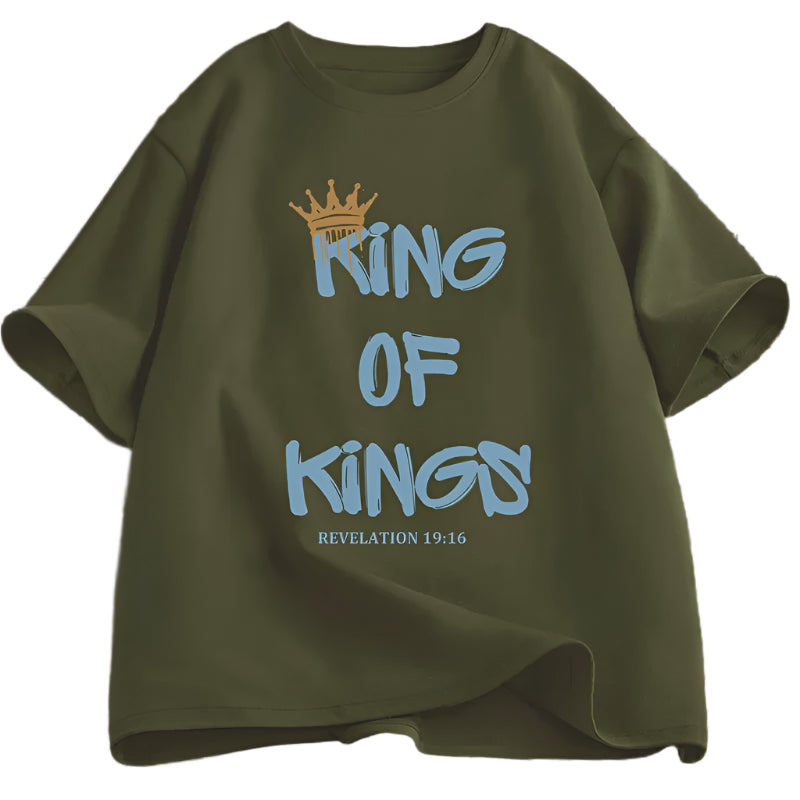 Green t-shirt with 'King of Kings' text and crown graphic on a white background