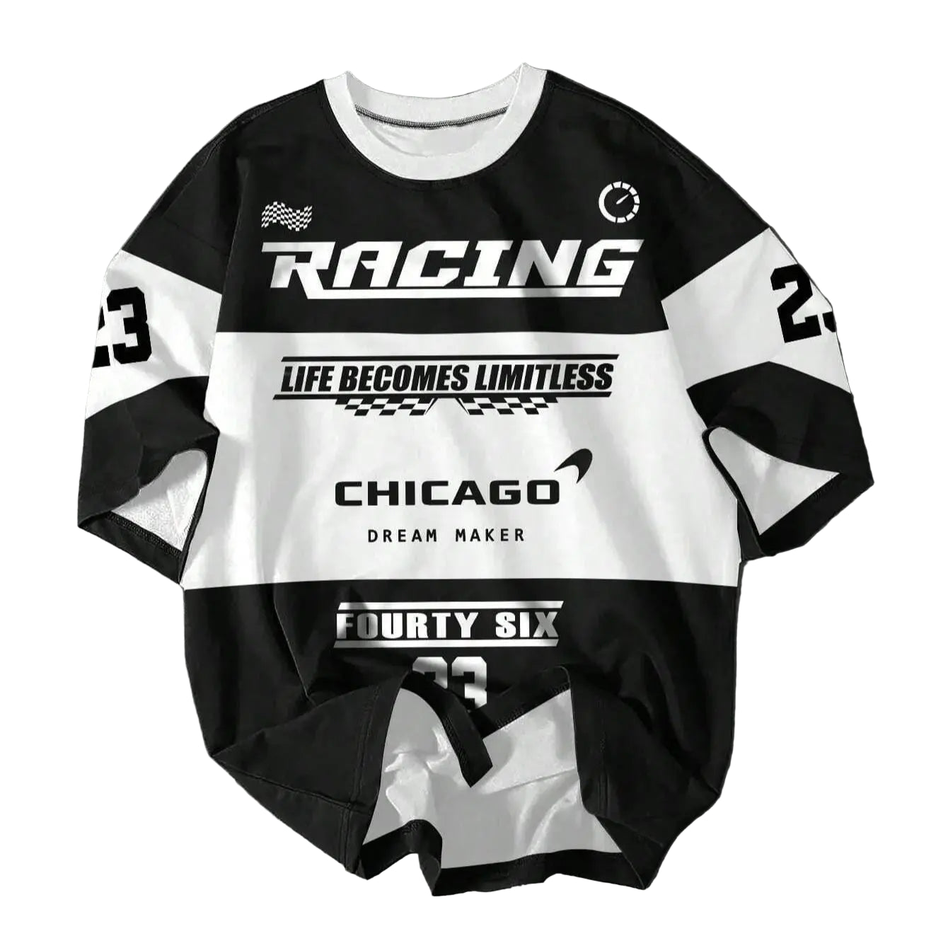 Black and white racing-themed sweatshirt with text on a gray background