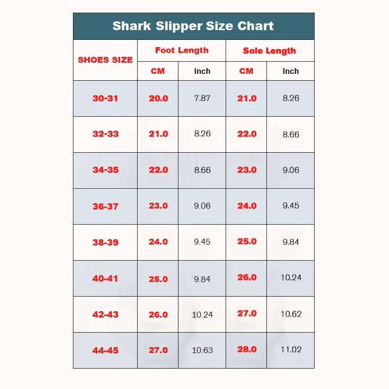 Shark Slipper size chart with shoe sizes, foot lengths, and sole lengths.