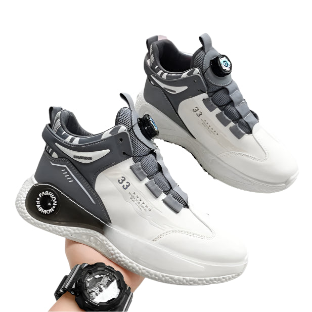 White and gray sneakers with text on a white background