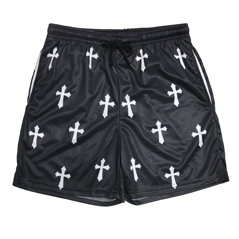 Black shorts with white cross patterns on a white background