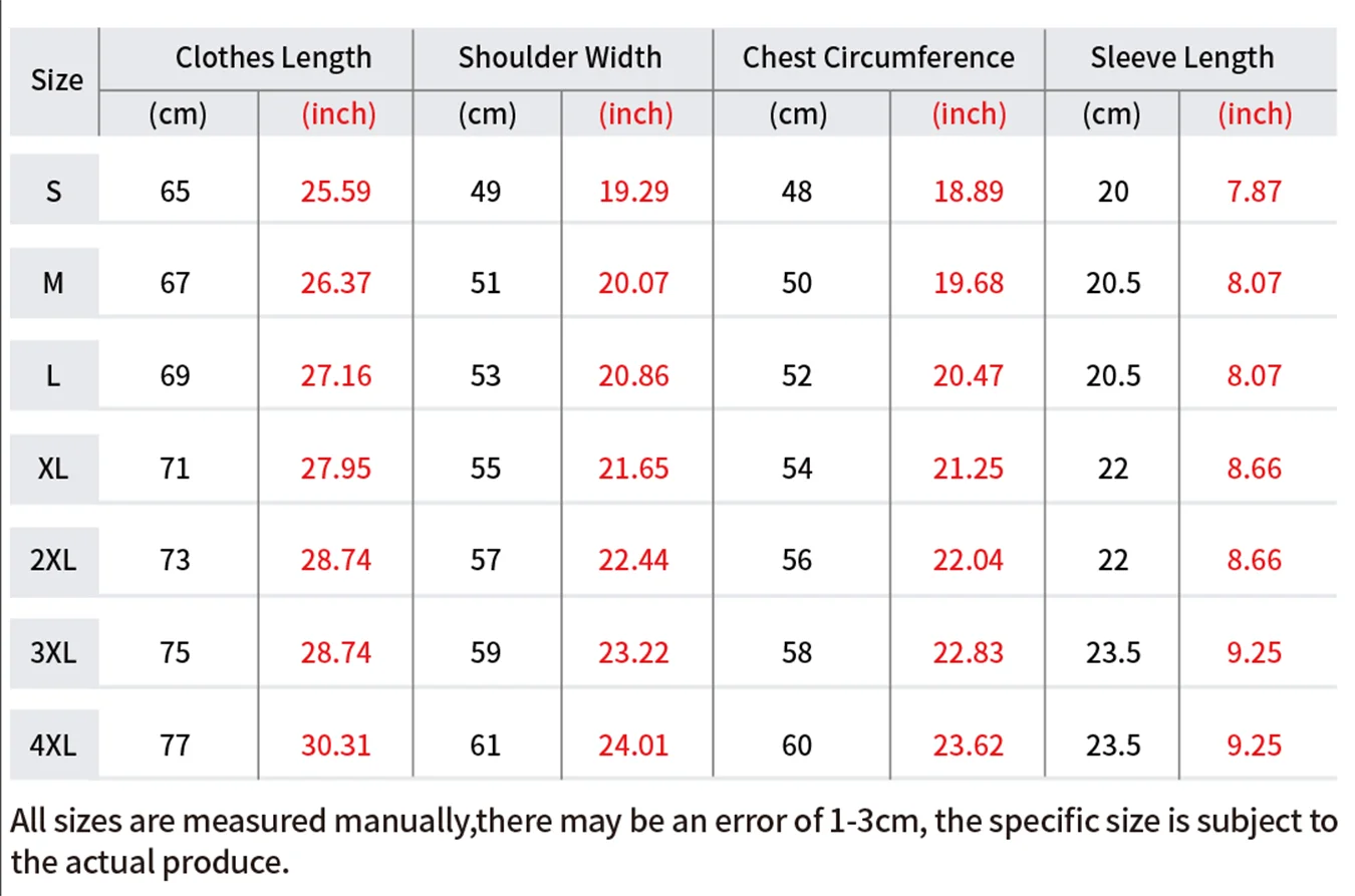 Table showing measurements of clothes for different sizes with a note on measurement accuracy.