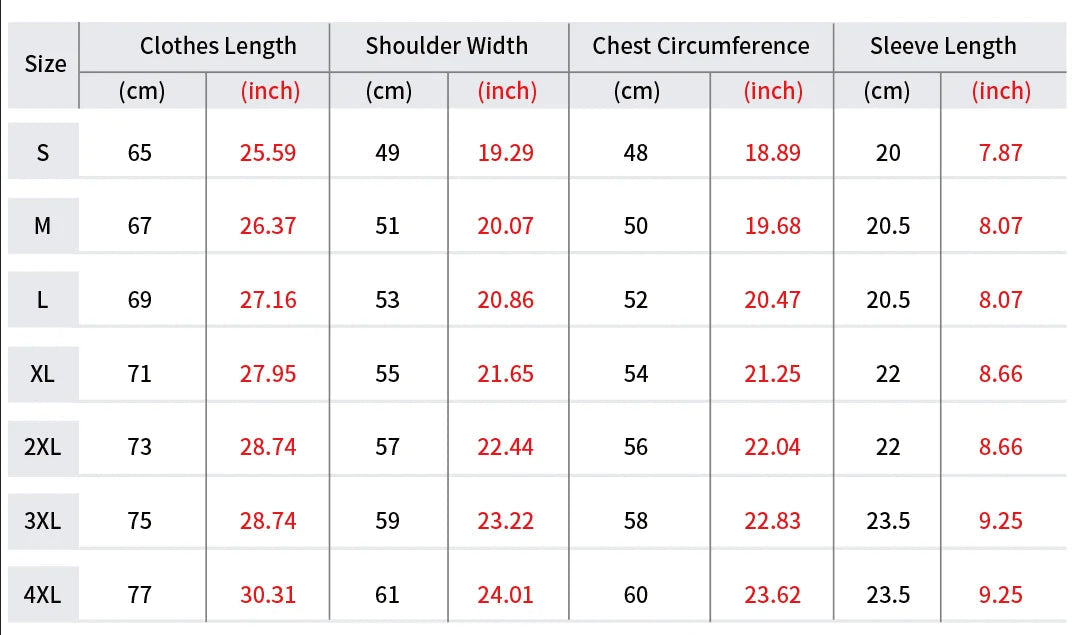 Table displaying clothing size measurements with columns for length, width, chest circumference, and sleeve length.