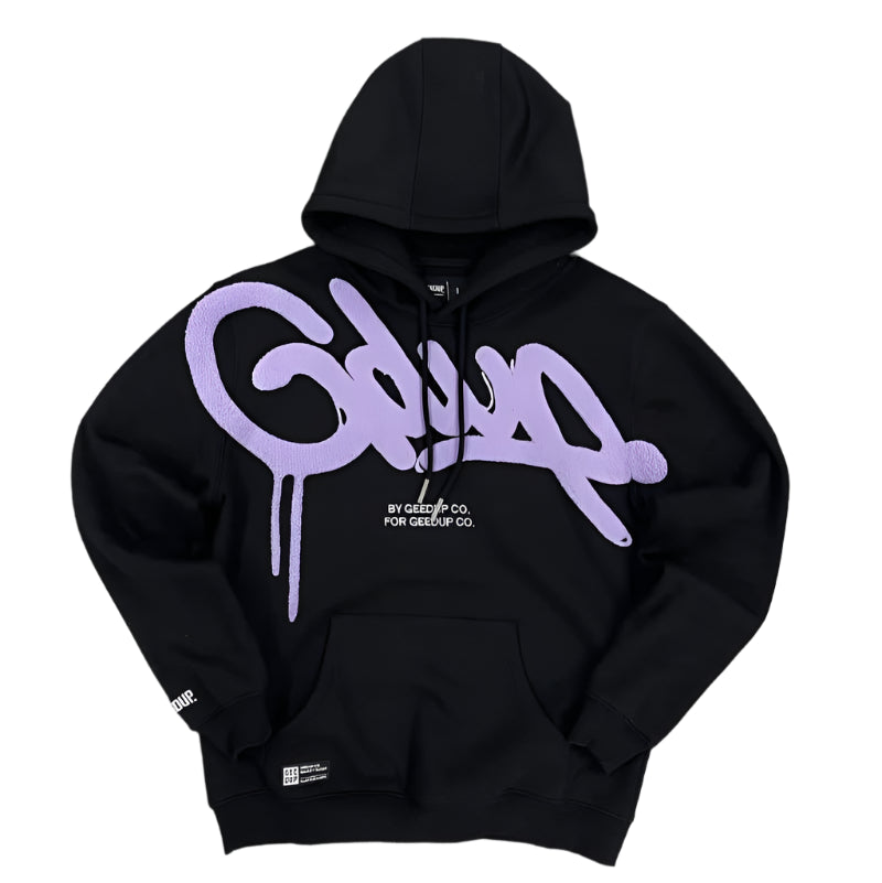 Black hoodie with purple logo on a gray background