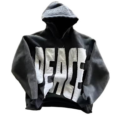 Black hoodie with 'PEACE' text on a gray background