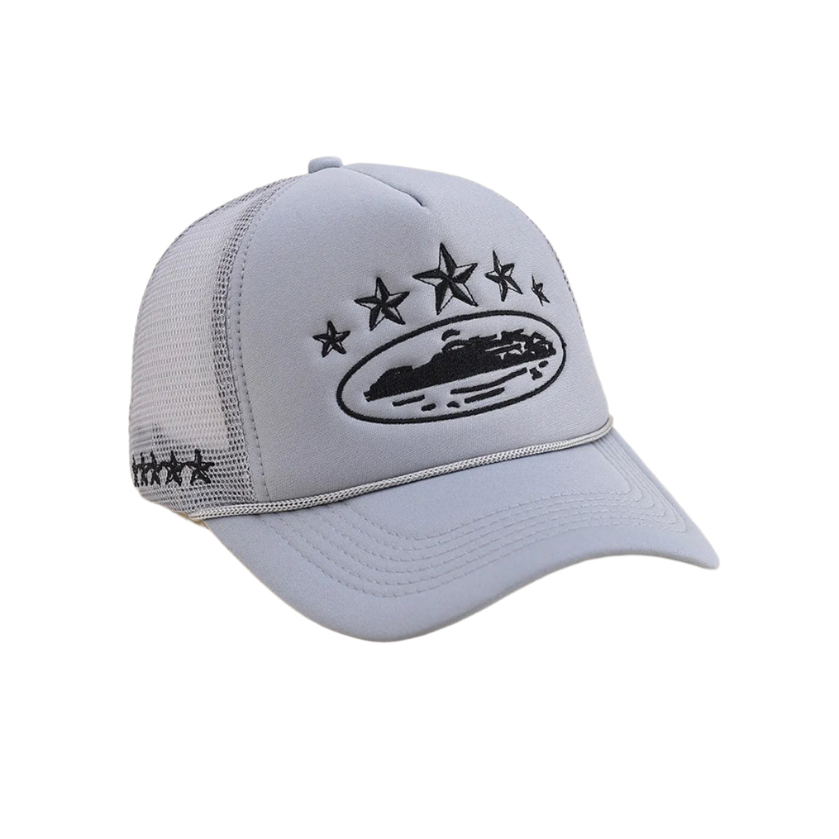 Gray cap with star designs and a logo on a beige background