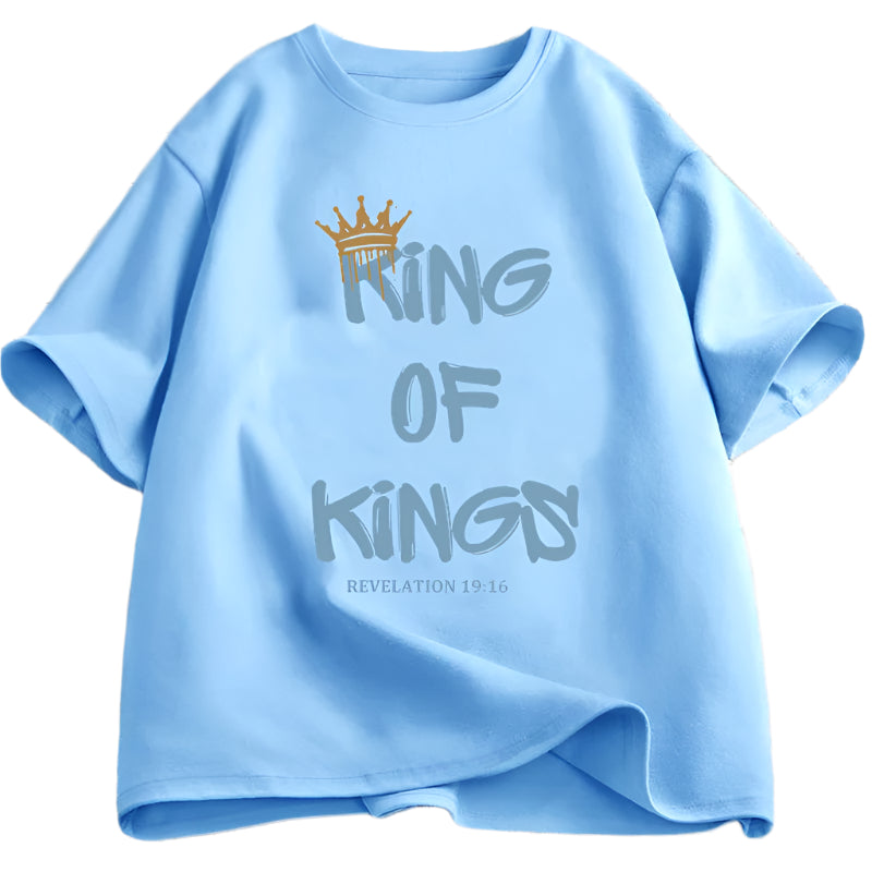 Light blue t-shirt with 'King of Kings' text and crown graphic on a white background