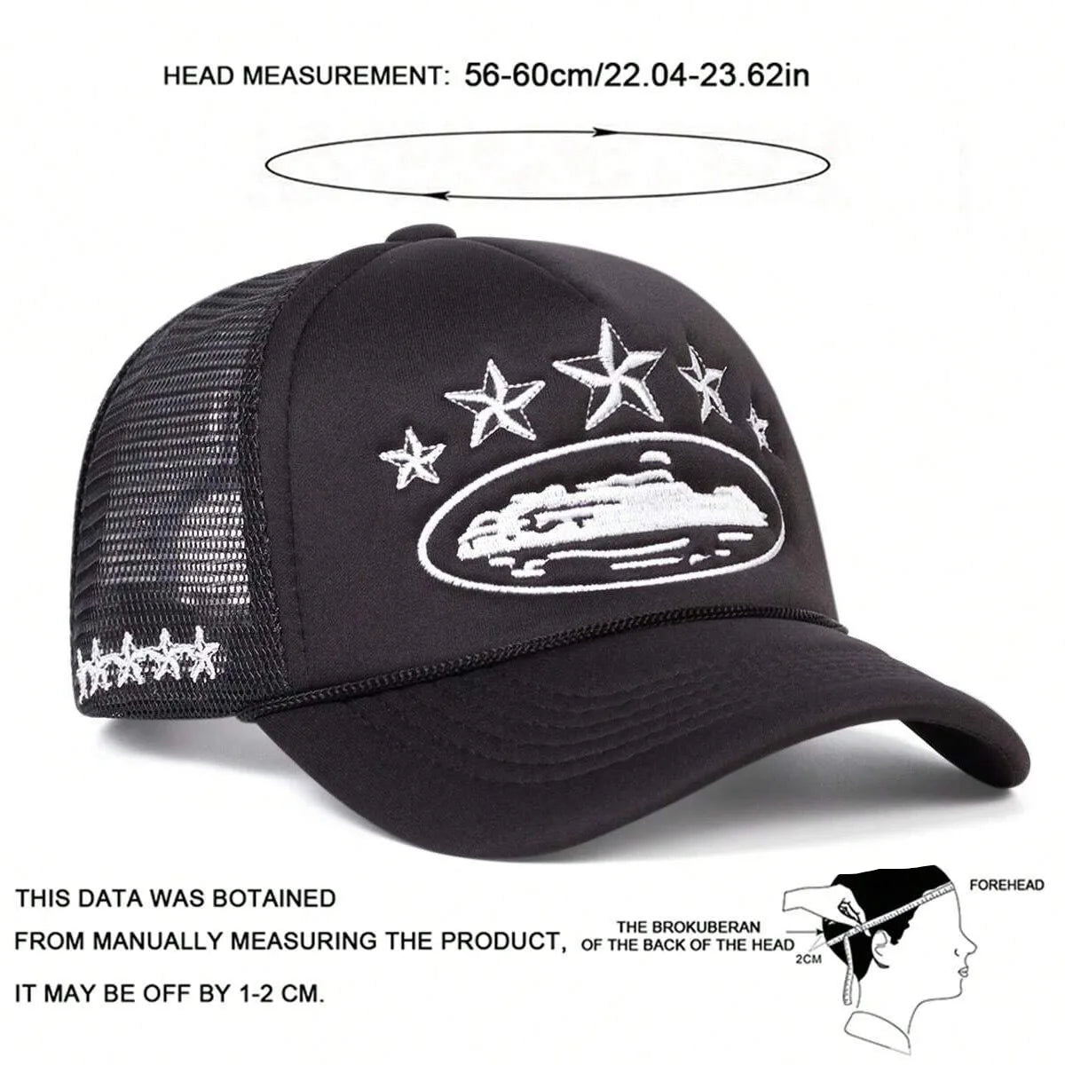 Black cap with white star design and logo, head measurement chart shown