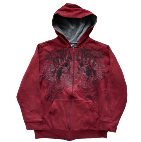 Red hoodie with graphic design on a beige carpet