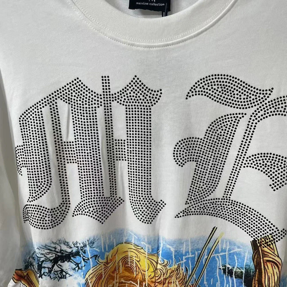 White sweatshirt with black text and graphic design on a white background