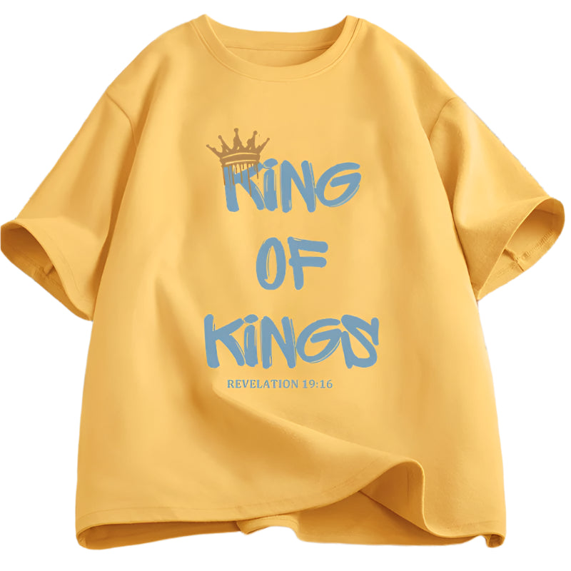 Yellow t-shirt with blue text 'King of Kings' on a white background