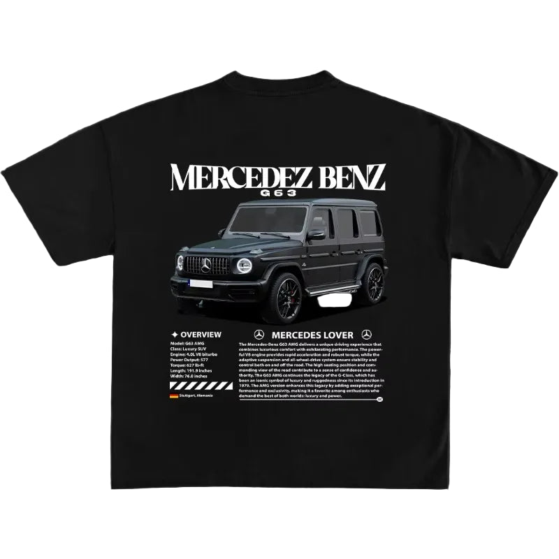 Black t-shirt with Mercedes-Benz G-Class graphic and text on a dark background