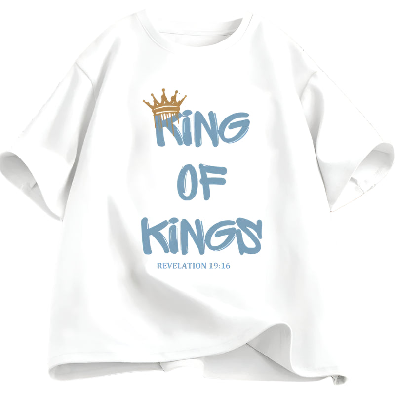 White t-shirt with 'King of Kings' text and crown graphic on a white background