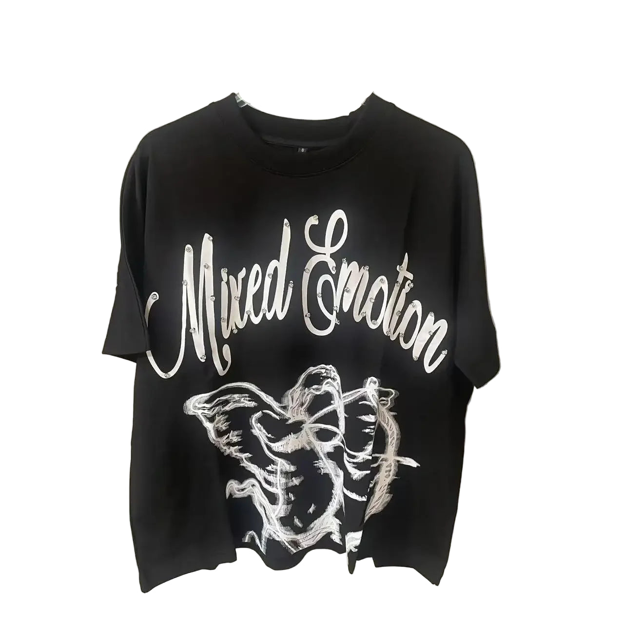 Black t-shirt with 'Mixed Emotion' text and butterfly design on a hanger against a plain background