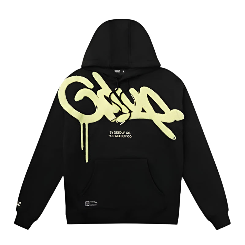 Black hoodie with yellow logo on a gray background