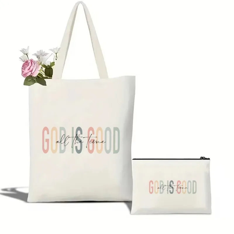Tote bag and pouch set with 'God is Good all the time' text on a white background