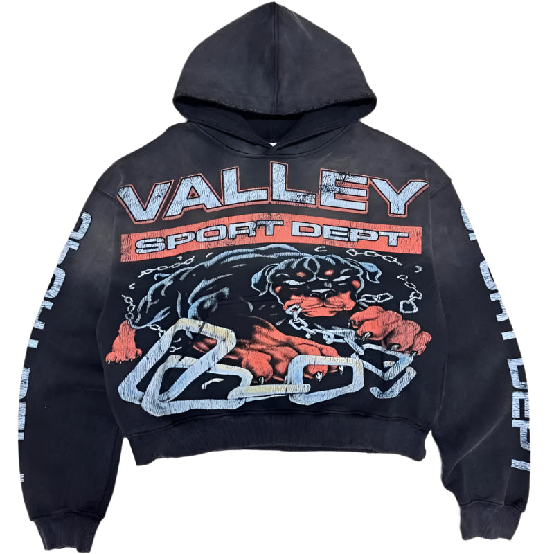 Black hoodie with 'Valley Sport Dept' and panther graphic on a beige surface