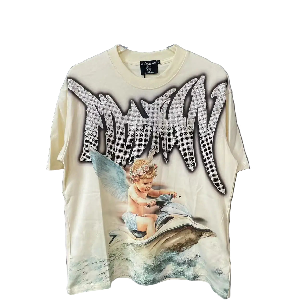 T-shirt with angel graphic and text on a gray background