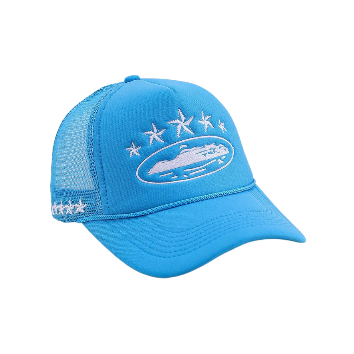 Blue cap with white embroidered design on a beige background