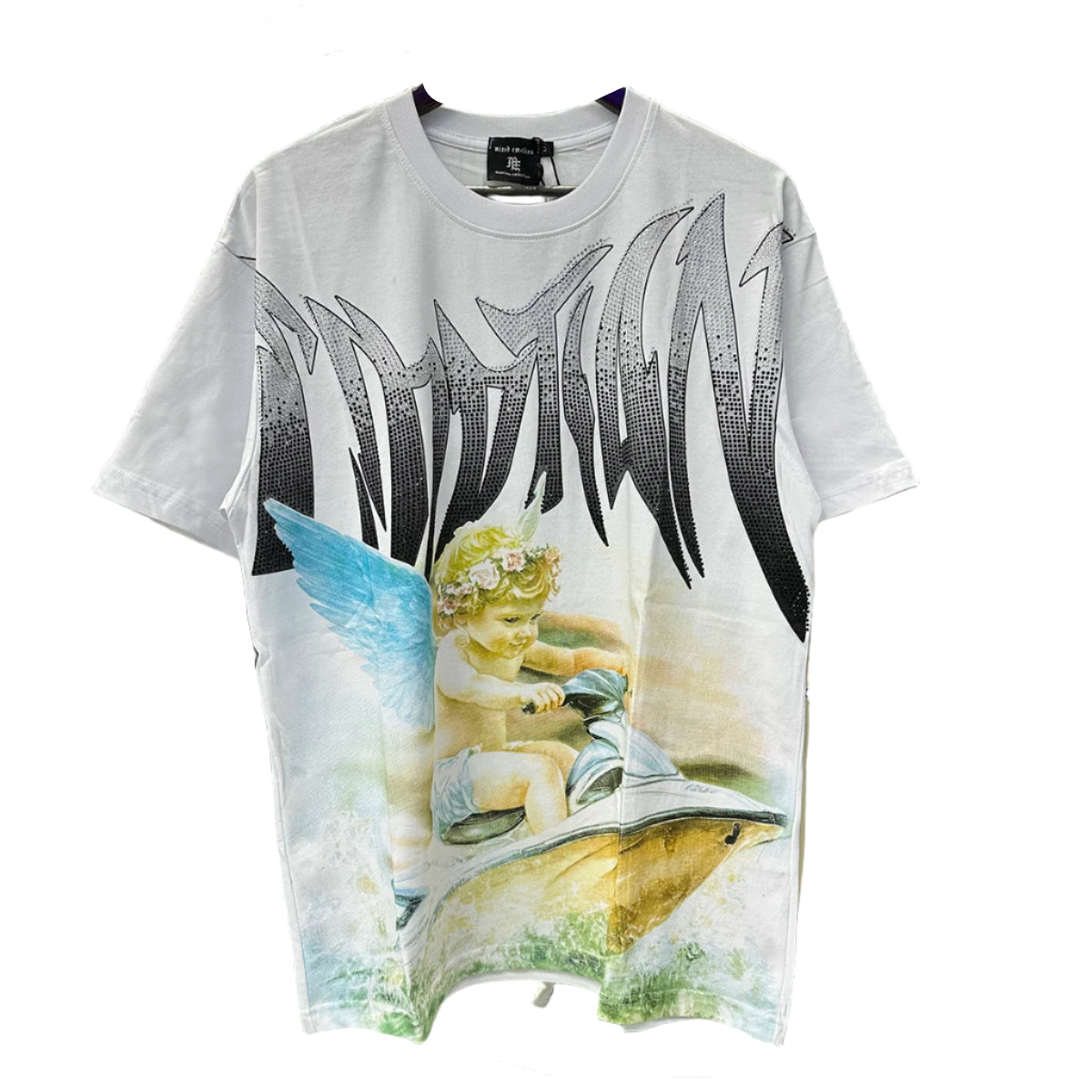 T-shirt with angel design on a rack of clothes