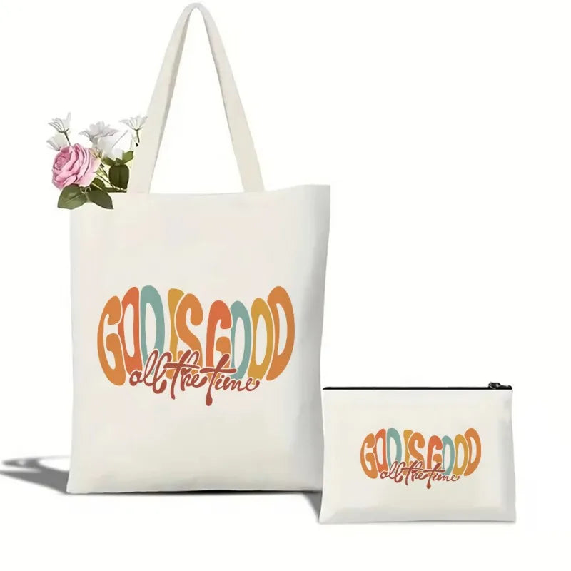 Tote bag and pouch set with 'God is Good all the time' text on a white background