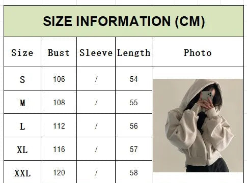 Size chart for a hoodie with measurements in centimeters and a photo of the product.