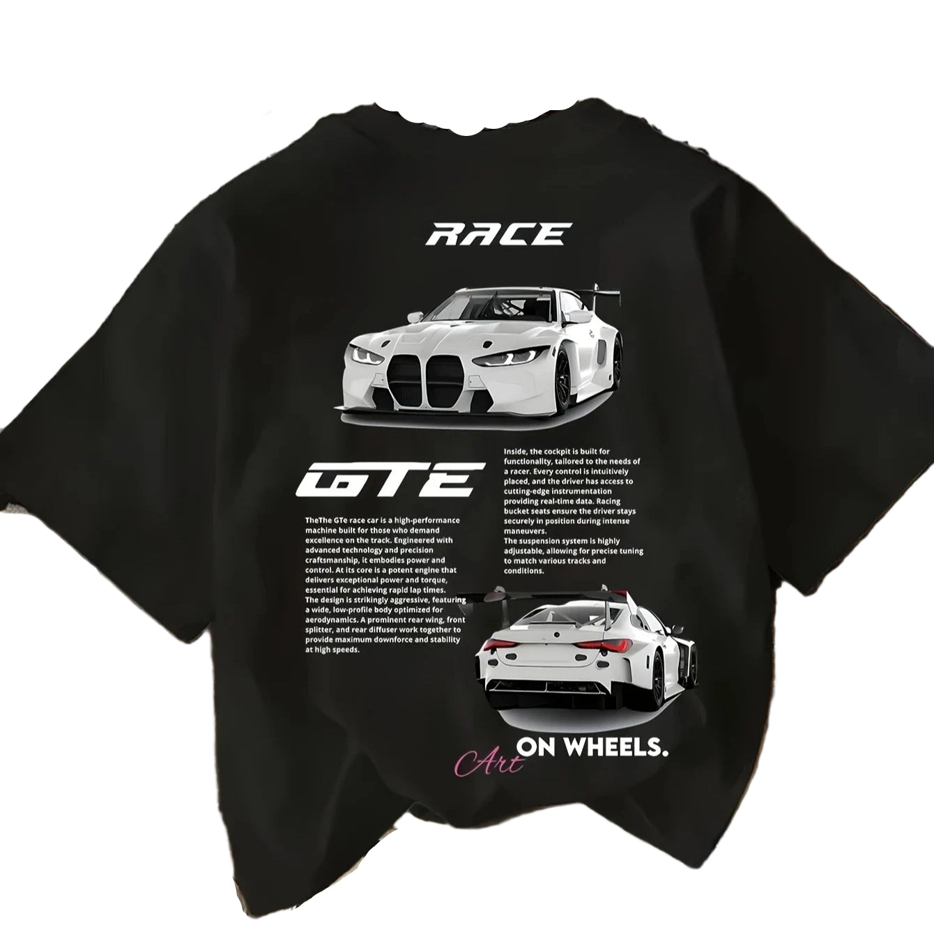 Black t-shirt with car graphics and text on a wooden surface