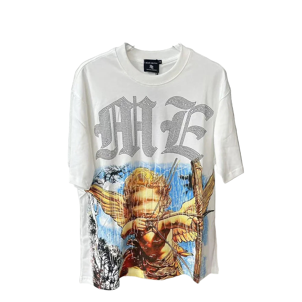 White t-shirt with graphic design of an angel and text on a gray background