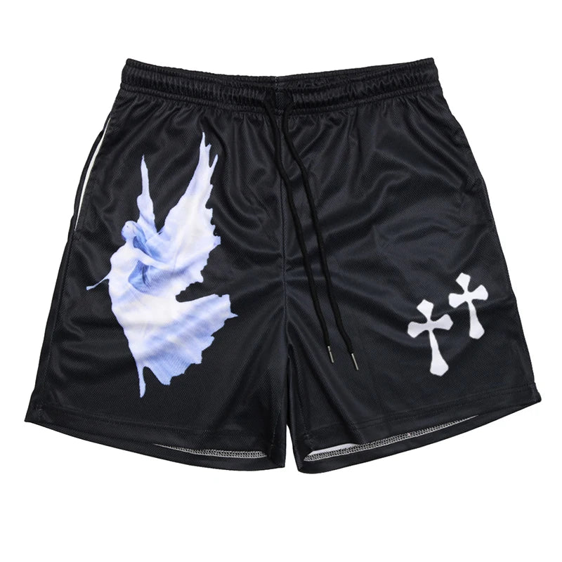 Black shorts with a blue and white design on a white background