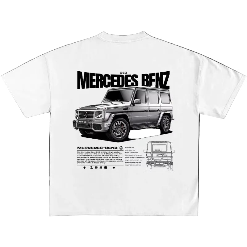 White t-shirt with Mercedes-Benz G-Class graphic on a dark background