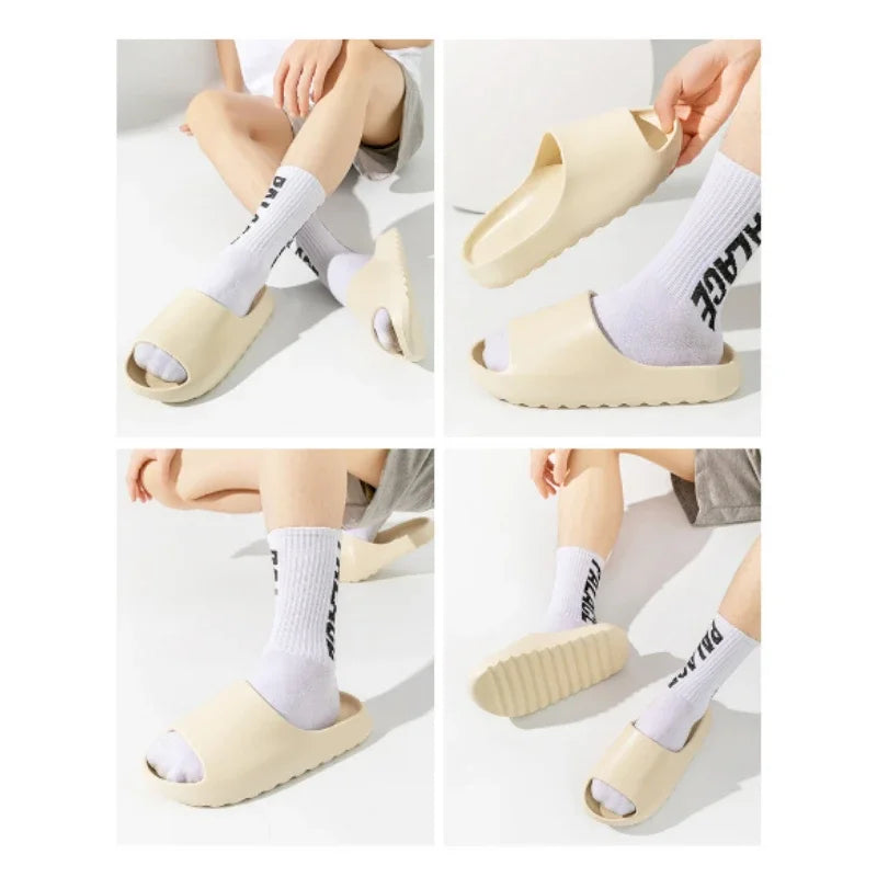 Collage of four images showing beige sandals with white socks worn by a person.