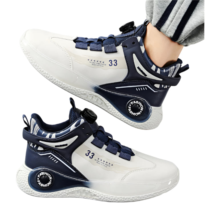 White and navy sneakers with '33' branding on a white background