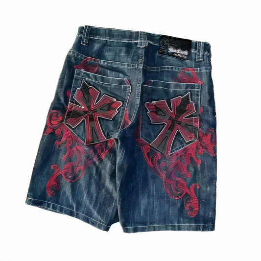 Y2K Cross Embroidery Design Denim Shorts
