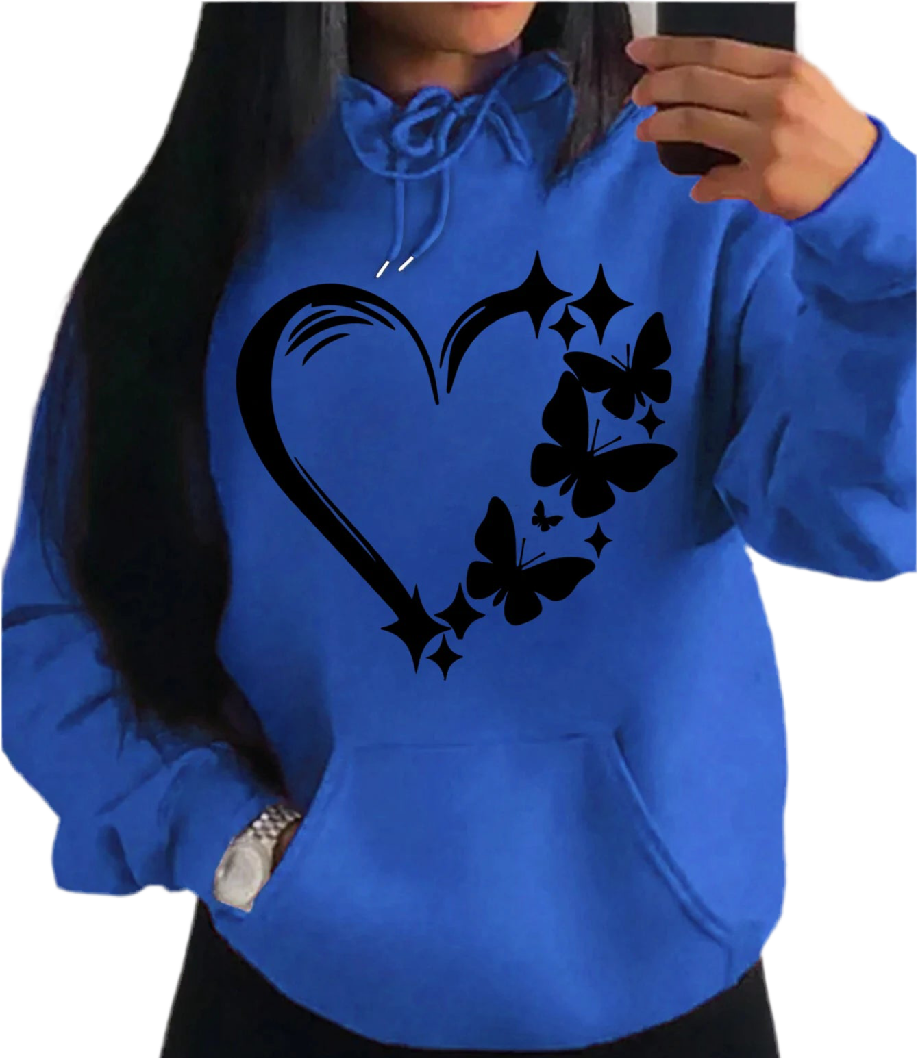 Blue hoodie with black heart and butterfly design worn by a person.