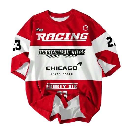 Red and white racing jersey with text on a gray background