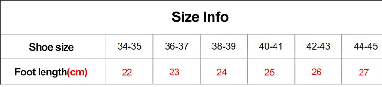 Size chart for shoes showing shoe size and corresponding foot length in centimeters.