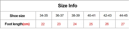 Size chart for shoes showing shoe size and corresponding foot length in centimeters.
