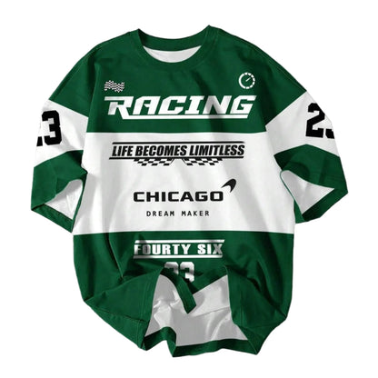 Green and white racing-themed shirt on a gray background